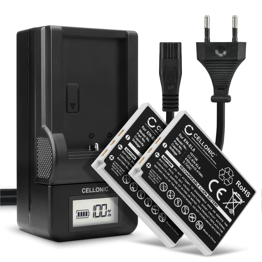 2x Batteri for Nikon Coolpix P1 P2 Coolpix S1 S2 S3 S5 s50 S50c S51 S51c S52 S52c S6 S7 S7c S8 Kameraer 600mAh + Lader fra CELLONIC