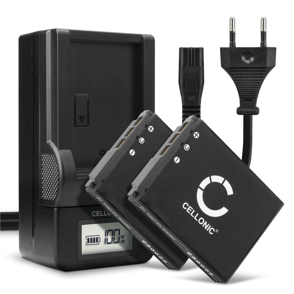 2x Batteri for Sony NP-FR1, Sony DSC-F88 DSC-G1 DSC-P100 DSC-P120 DSC-P150 DSC-P200 DSC-T30 Kameraer 1000mAh + Lader fra CELLONIC