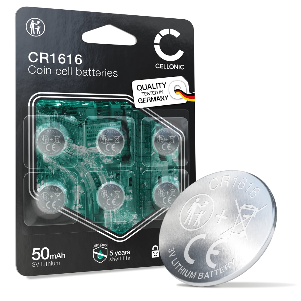 CELLONIC CR1616 Knappecellebatterier (Lithium, 50mAh, 3V) til Bilnøkler, Klokker, Sensorer – x6-Pakke