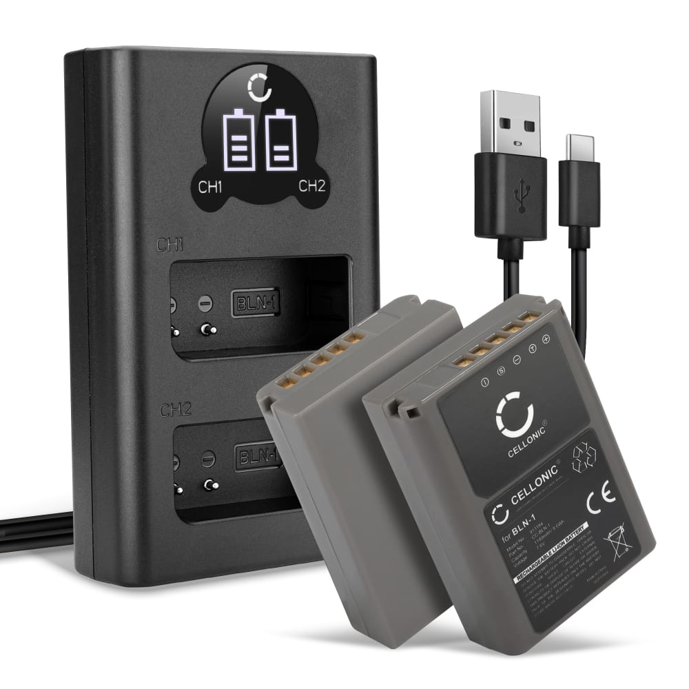 2x Batteri for Olympus OMD EM1, EM5 Mark 2, Pen EP5, BCN1, BLN1 Kameraer 1140mAh + Dobbel Lader fra CELLONIC
