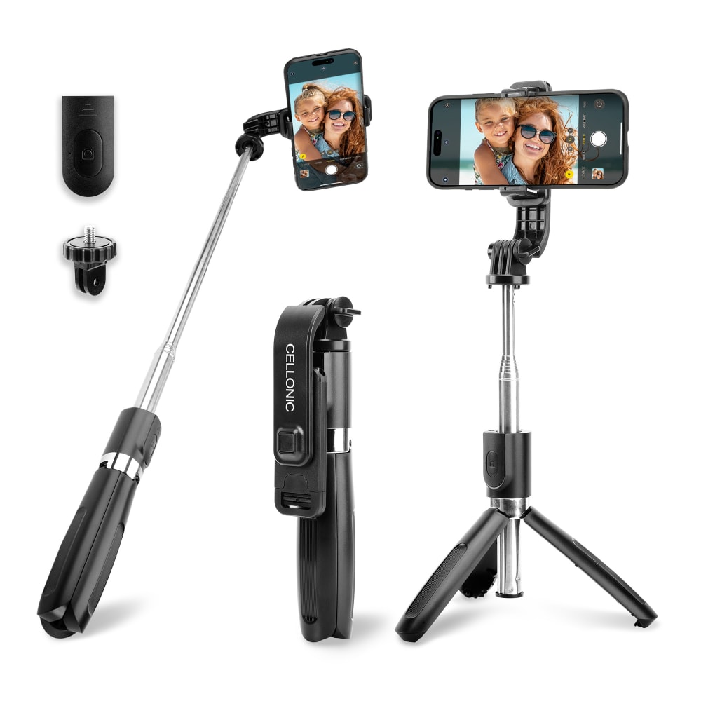 2-in-1 Selfie-Stick und Stativ – 1m langer ausziehbarer Selfie Stick & klappbares Dreibeinstativ mit Bluetooth Fernbedienung für Handy und Kamera – kompatibel mit iPhone, GoPro, Android & weiteren – Schwarz