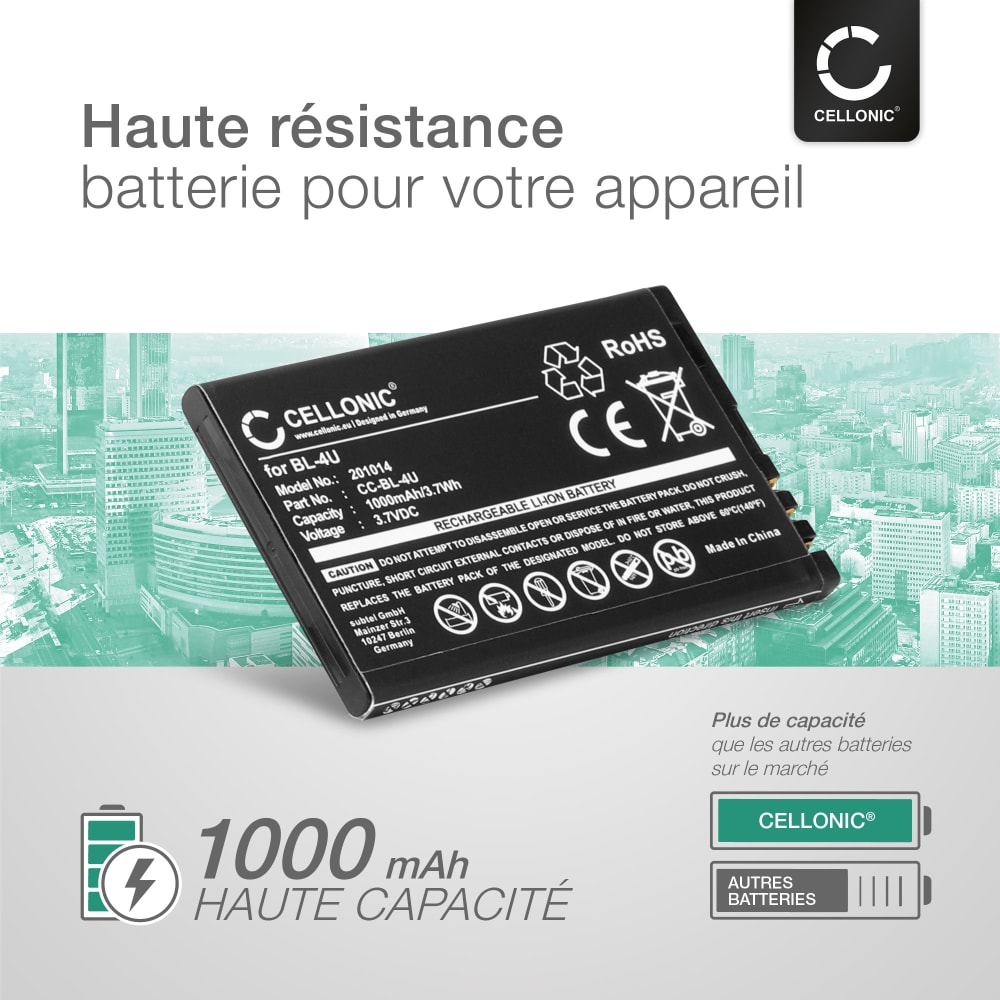 SHLOK Batterie d'origine pour Nokia BL-4U pour