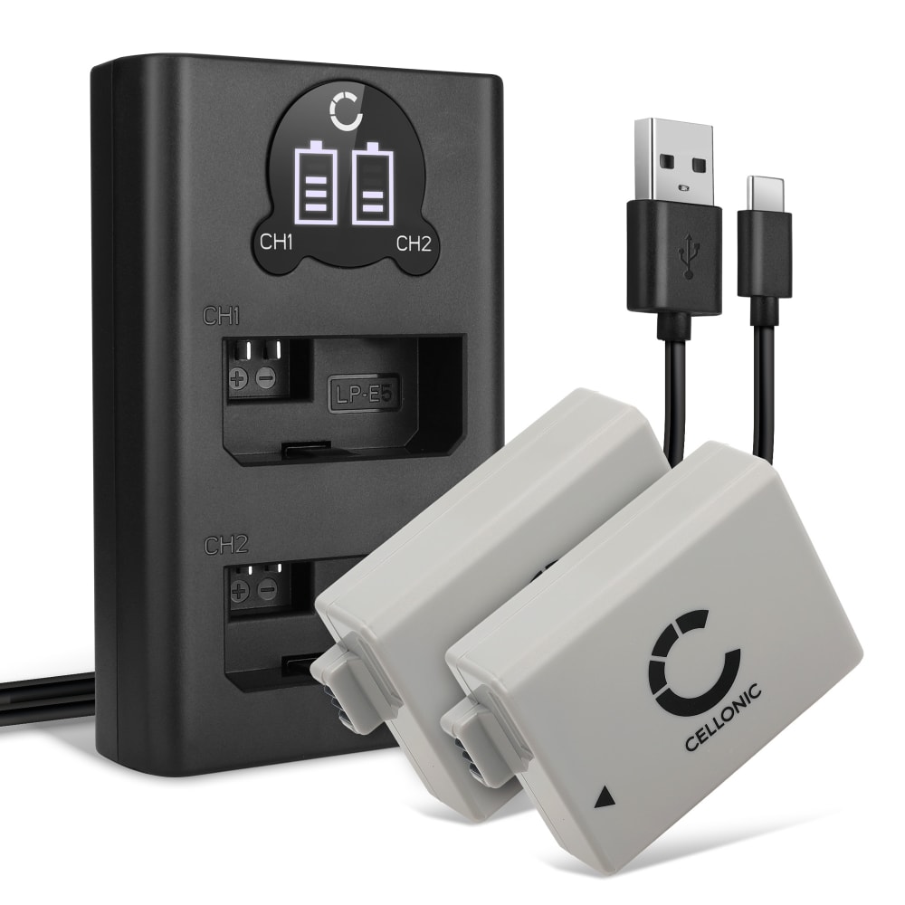 2x Batteri for Canon EOS 1000D, EOS 450D, EOS 500D, EOS Rebel T1i, EOS Rebel XS, EOS Rebel Xsi kamera - Reservebatteri LP-E5 1020mAh + USB Dobbel Batterilader LC-E5 CBC-E5, Kamerabatteri Lader