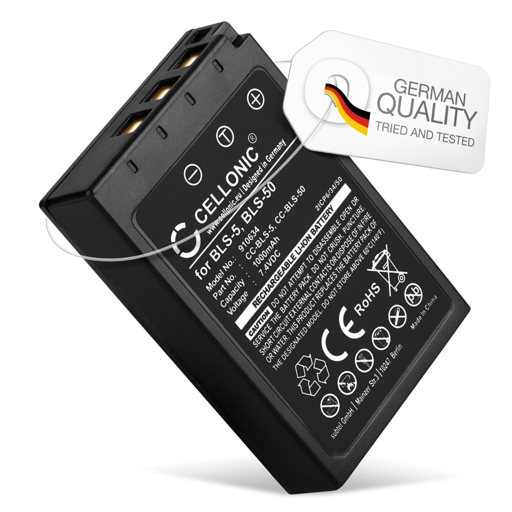 1x Batteri for Olympus OM-D E-M10 Mark II, III, IV, Pen E-P3, E-PL6, E-PL7, E-PL8, Stylus 1 BLS-5, BLS-50 (1000mAh, 7.4V) fra CELLONIC