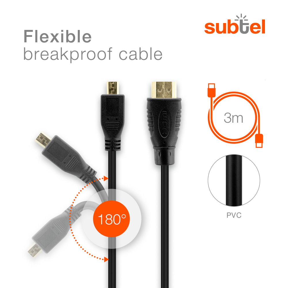 Micro HDMI Type D Kabel 3m för TV, Camera, DVD / Bluray Player, Gaming