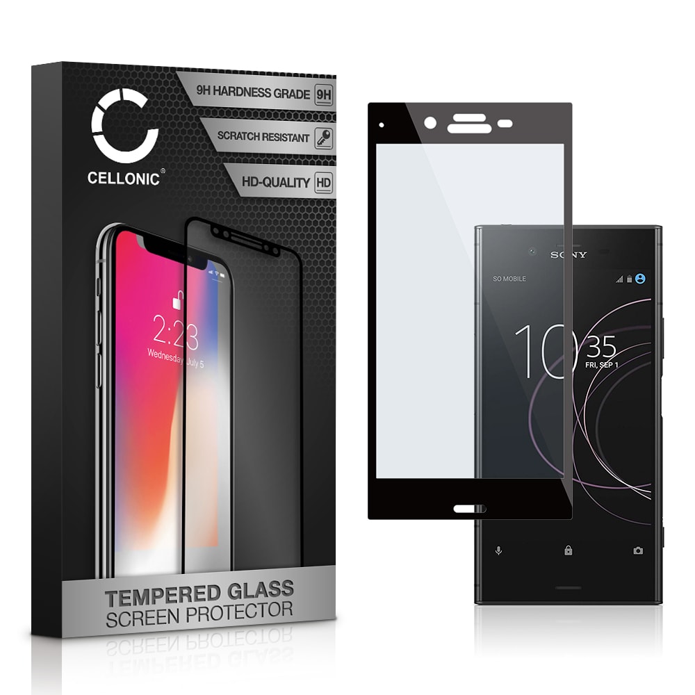 Panssarilasi puhelimeen Sony Xperia XZ1 - 3D Full Cover, 9H, 0,33mm, Edge Glue, Musta, CELLONIC®