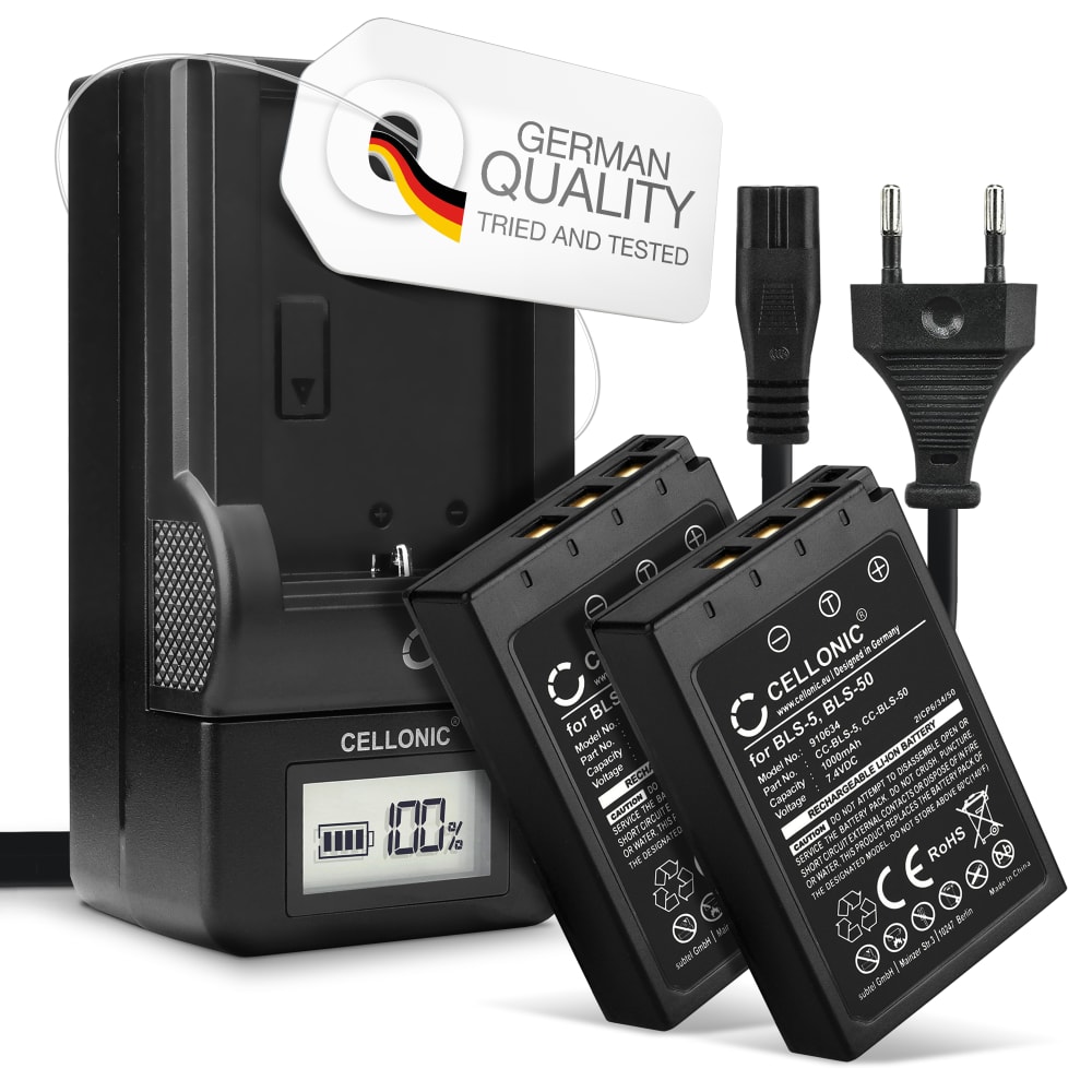 2x Batteri for Olympus Pen E-PL7, OM-D E-M10 Mark II, Olympus Stylus 1, Pen E-PL6, E-450, E‑P3 Kameraer 1000mAh + Lader fra CELLONIC