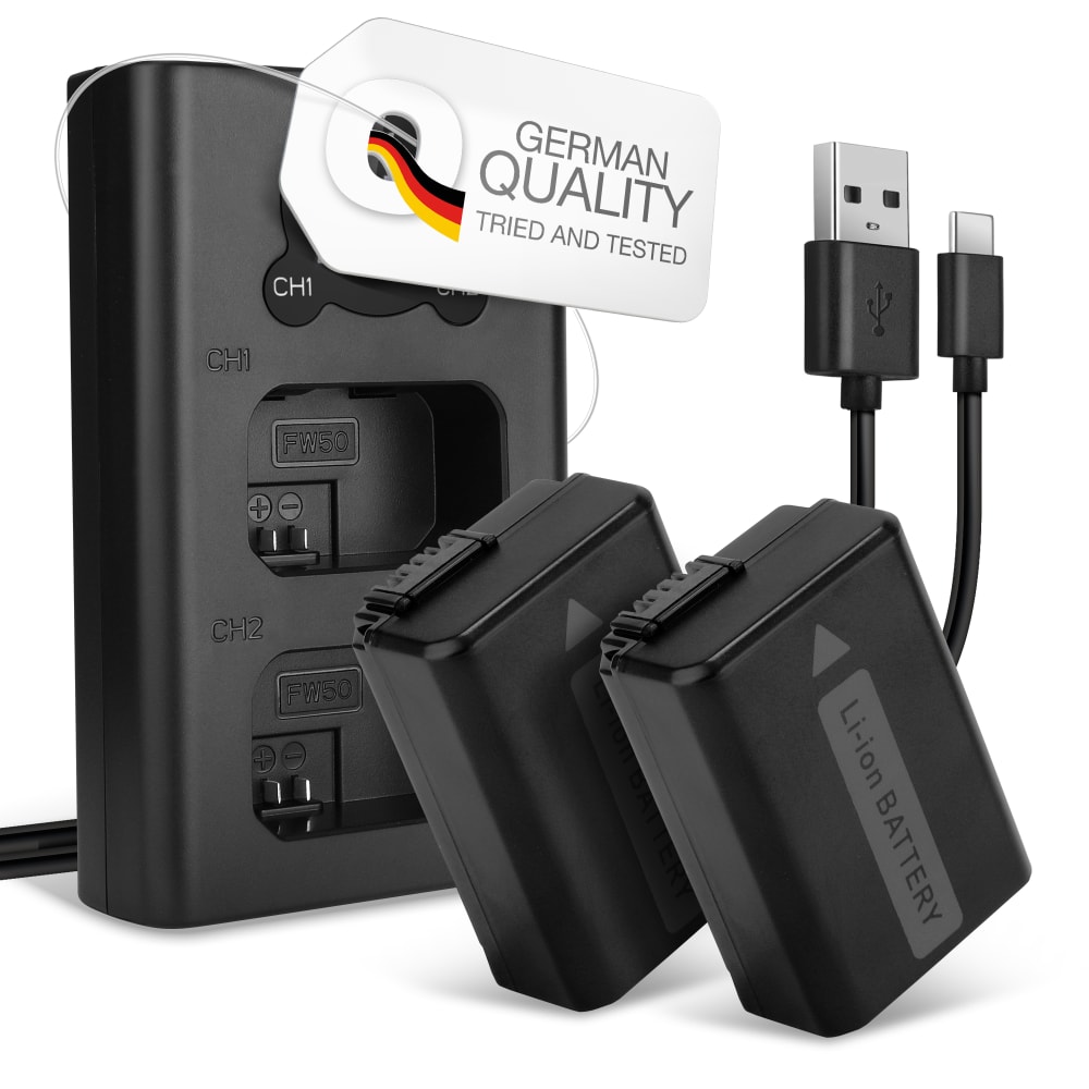 2x Batteri för Sony Alpha A7 II A7S A7R II, Alpha A6000 A6100 A6300 A6500, RX10 (I II III IV), A55, NEX-5 kamera med hög 1030mAh kapacitet + dubbelladdare med USB-uttag för uppladdningsbara kamerabatteri