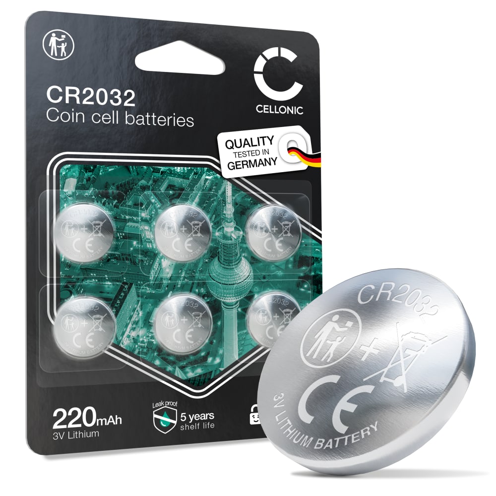CELLONIC CR2032 Knappecellebatterier (Lithium, 220mAh, 3V) til Bilnøkler, Hovedkort, Vekter – x6-Pakke