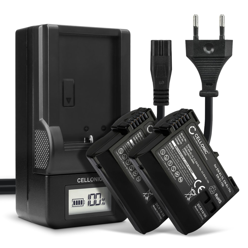 2x Batteri for Nikon D7200 D7000 D7100 D750 D7500 D500 D600 D610 D800 D810 D850 Z6 Z7 Kameraer 2000mAh + Lader fra CELLONIC