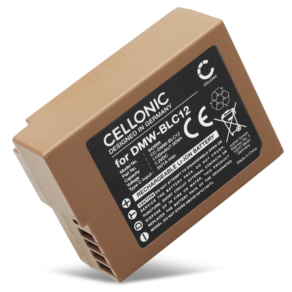 Batteri med type C input for Panasonic Lumix DMC-FZ1000 DMC-FZ300 DMC-FZ200 DMC-G70 DMC-G7 DMC-G81 1100mAh fra CELLONIC