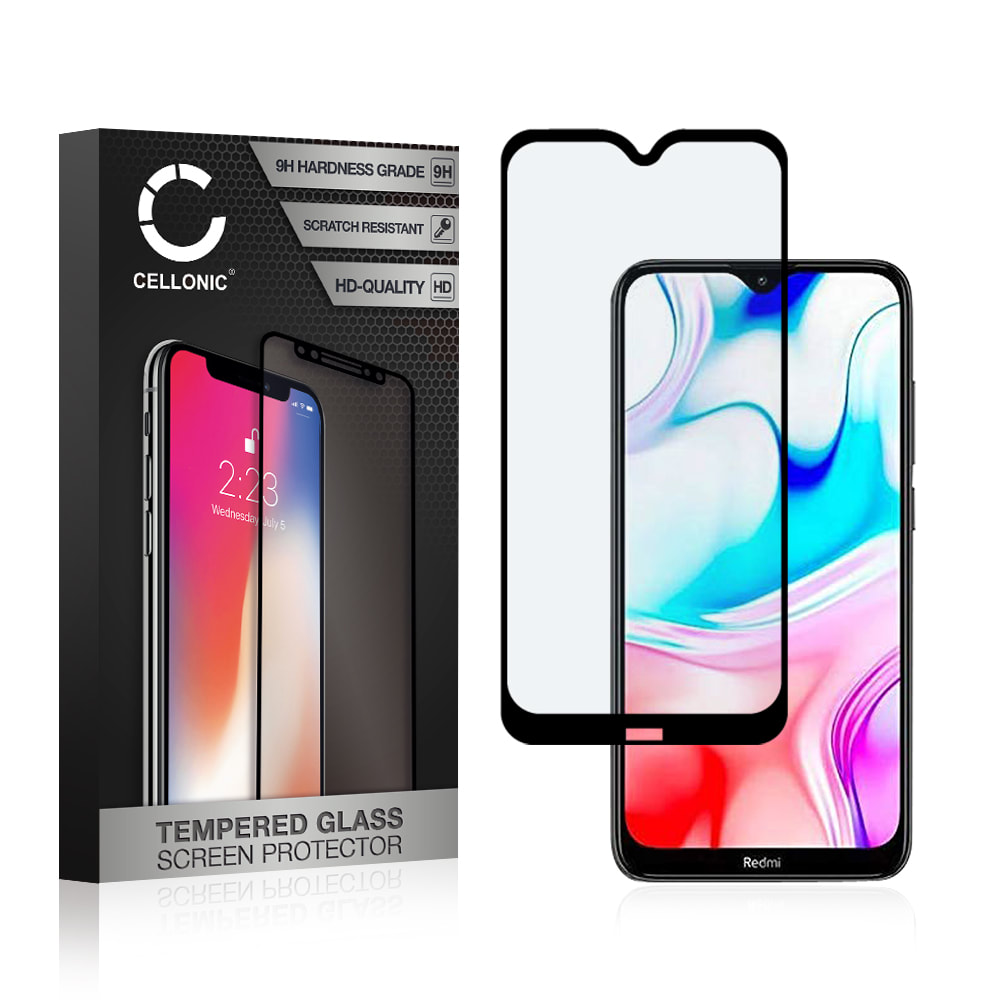 Panssarilasi puhelimeen Xiaomi Redmi 8 - 3D Full Cover, 9H, 0,33mm, Full Glue, Musta, CELLONIC®