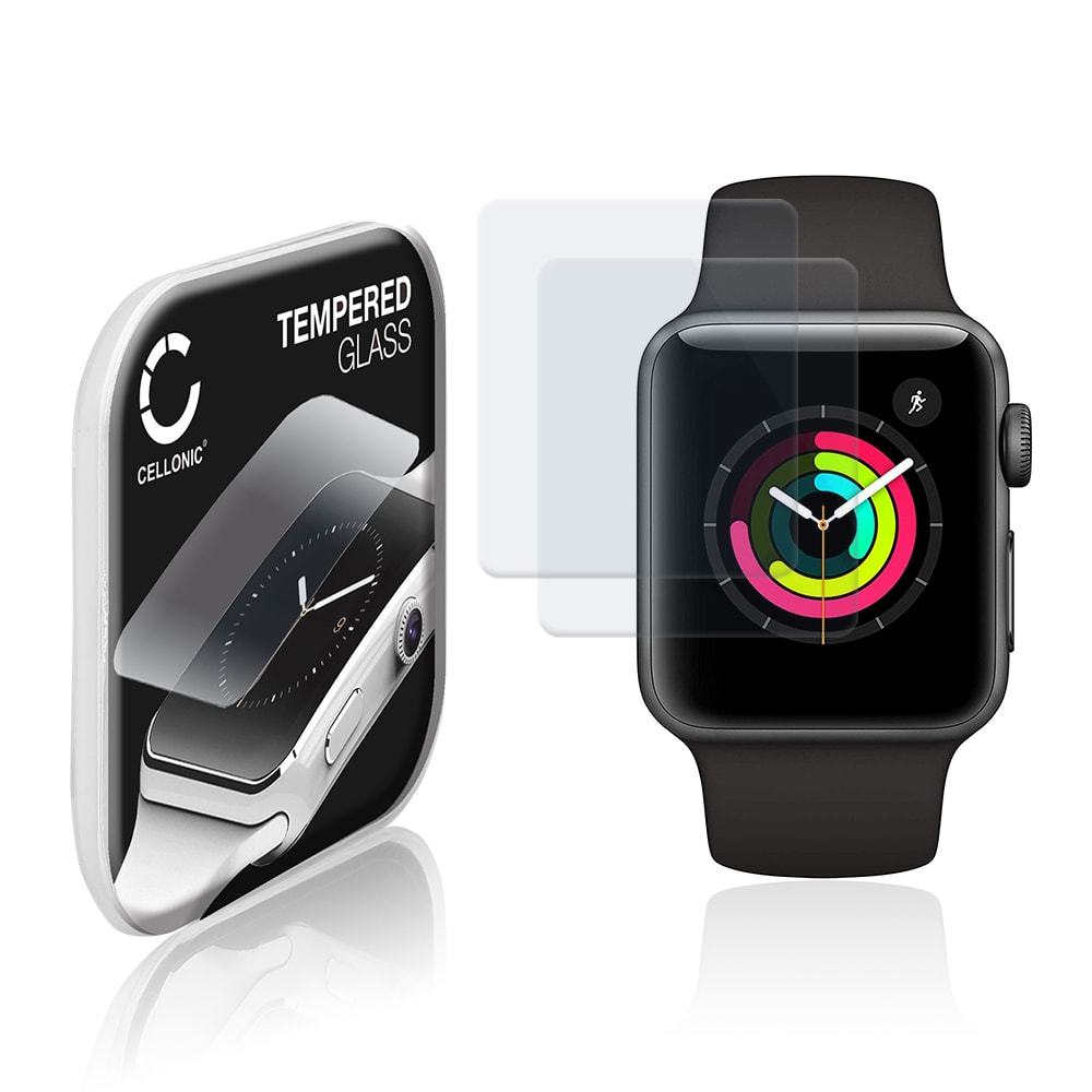 2x CELLONIC® Skærmbeskytter til Apple Watch 1 / 2 / 3 - 38mm Fitness Tracker Smart Watch Face Protector - 2.5D 0,30mm Full Glue Glas hærdet i 9 timer Gennemsigtig