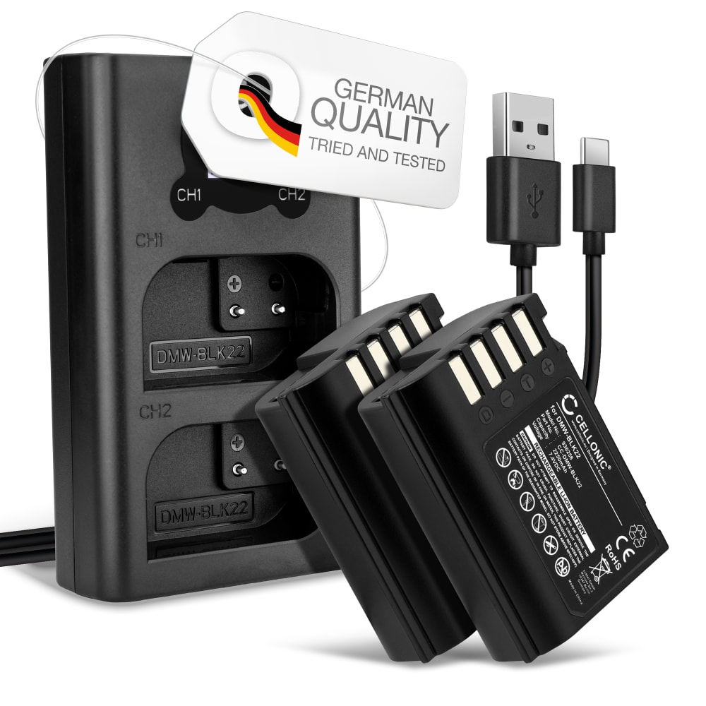 2x Batteri for Panasonic Lumix G9, GH5S, DC-S5, DC-S5K, DC-GH5 II, DMW-BLK22, DMW-BTC15 kamera - Reservebatteri DMW-BLK22 2250mAh + USB Dobbel Batterilader DMW-BTC15, Kamerabatteri Lader