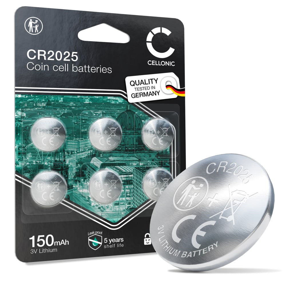 CELLONIC CR2025 Knappecellebatterier (Lithium, 150 mAh, 3V) til Bilnøkler, Garasjeåpnere, Medisinsk Utstyr – x6-Pakke