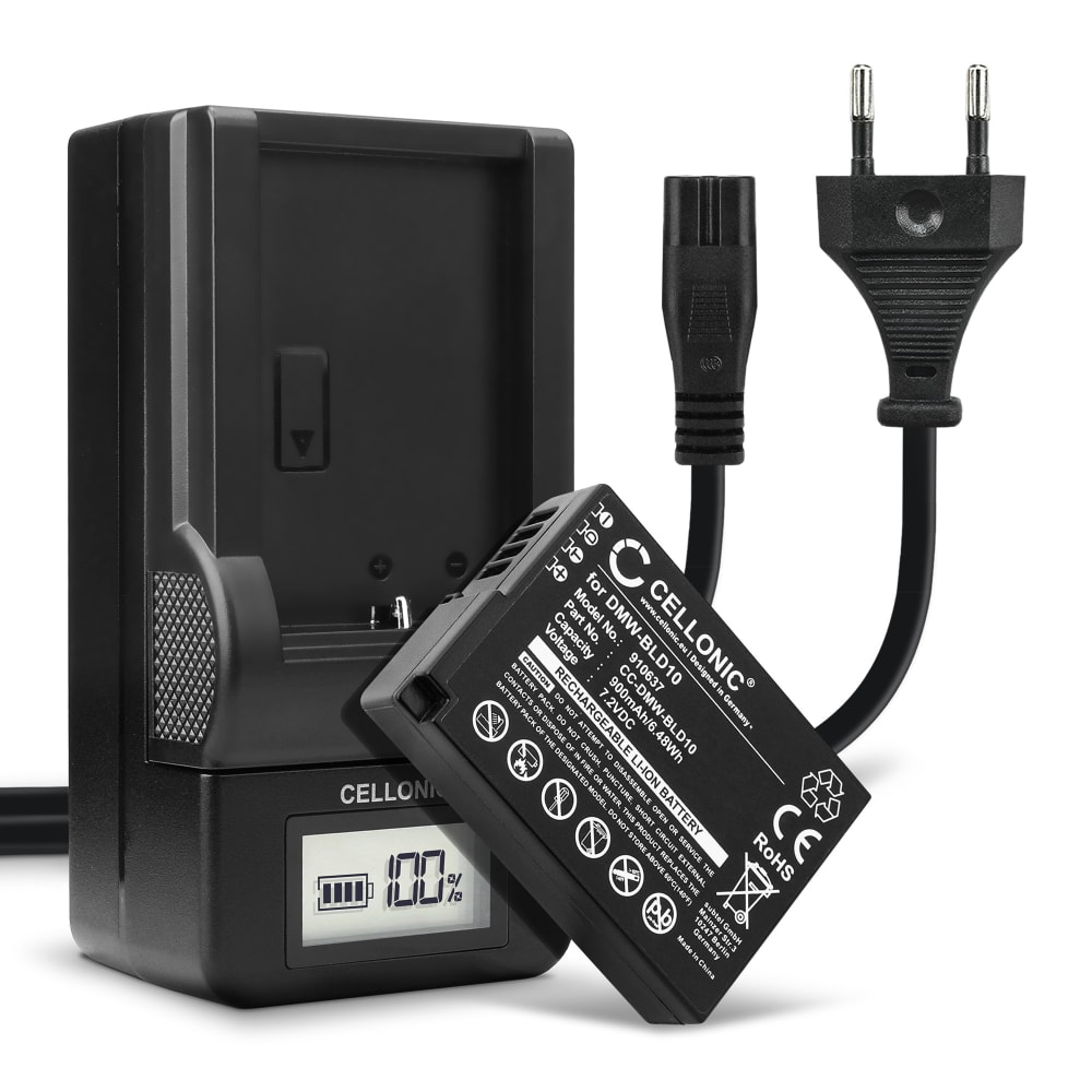 2x Batteri for Panasonic Lumix DMC-GX1 Lumix DMC-G3 Lumix DMC-GF2 Lumix DMC-ZS7 Lumix DMC-TS2 DMW-BLD10 (900mAh, 7.2V) + Lader fra CELLONIC