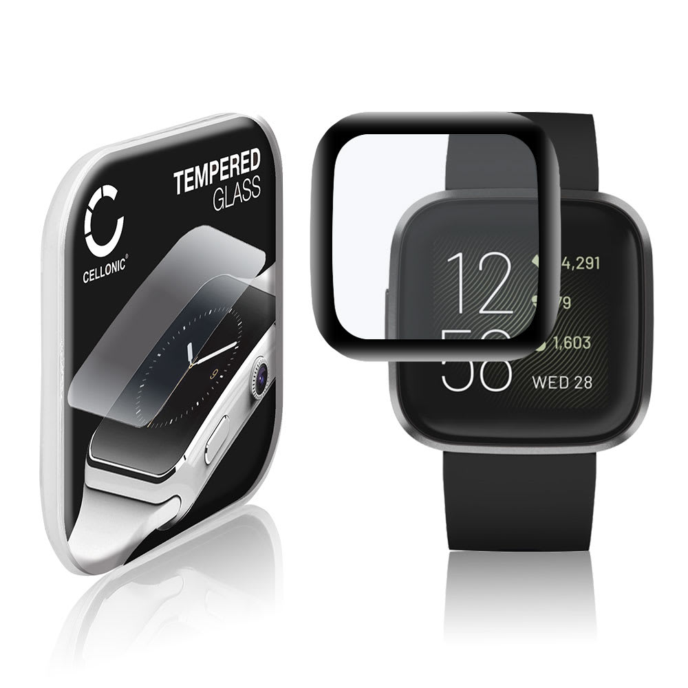 CELLONIC Screen Protector for FitBit Versa 2 / Versa 2 SE Fitness Tracker Smart Watch Face Protector - 3D Full Cover 0,33mm Full Glue 9H Tempered Glass Display Cover Black
