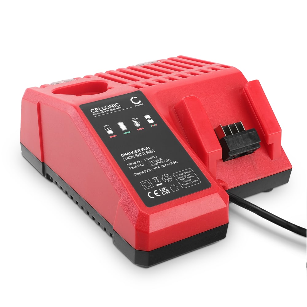 CELLONIC® Milwaukee 10.8V-18V laddare för Li-Ion litiumjonbatterier - 3.0A M12-18C, 48-59-1812, 48-59-1810 Ersättningsladdare för sladdlösa elverktyg