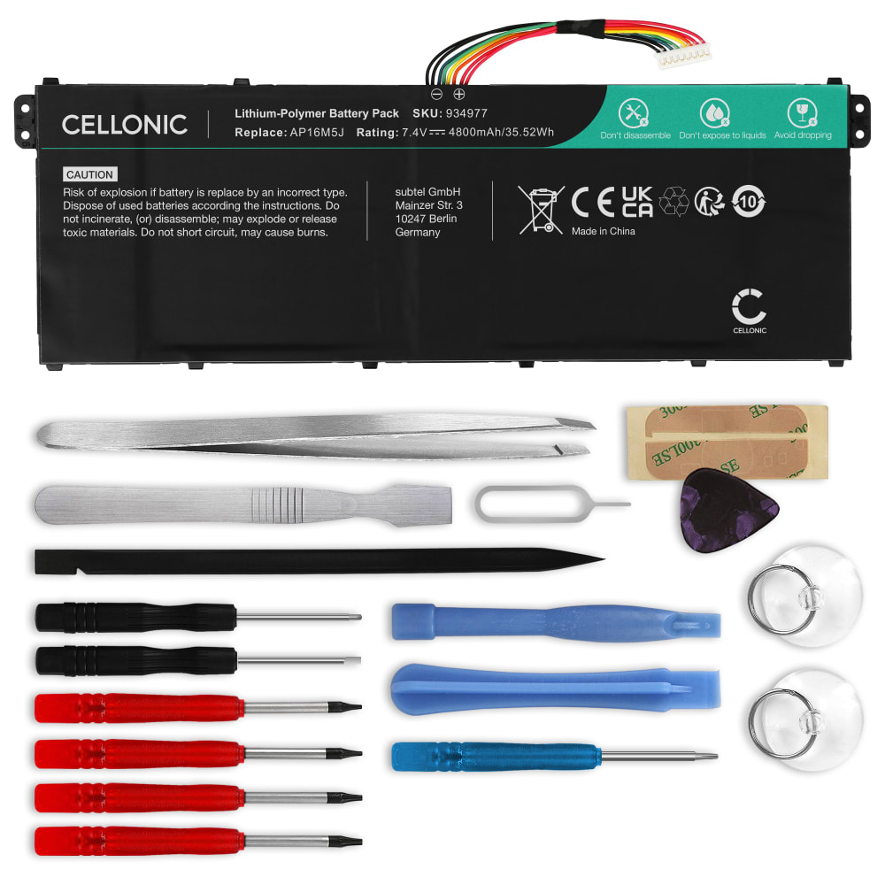 Batteri for Acer Aspire 3 A314-21, A315-41, A315-42, A315-51, A315-53, A317-32, Aspire 1 A114-32, AP16M5J 4800mAh 7.4V + Verktøy fra CELLONIC