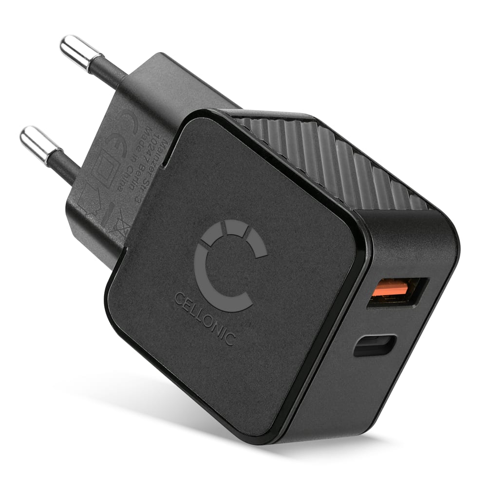 CELLONIC USB og USB C lader Dobbel USB til veggkontakt Strømadapter 20W PD Hurtiglading 2-port til iPhone, Samsung, iPad, Huawei, Switch, PSP, telefon, nettbrett - Svart