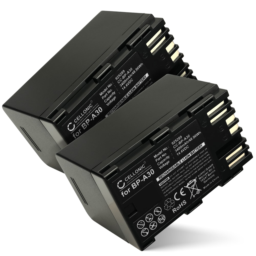 2x Batteri for Canon XF605, EOS C300 Mark II, XF705, CA-CP200L, BP-A30, EOS C200B BP-A30 (3400mAh, 14.4V) fra CELLONIC
