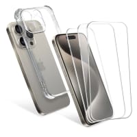 Apple iPhone 15 Pro, 1 x Funda Protectora TPU transparente y 3 x Protector de Pantalla Cristal 6,1 2.5D 9H 0,33mm Full Glue, Protector de Pantalla Cristal Templad
