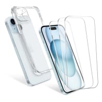Funda iPhone 15 Plus transparente + 3x Protector pantalla móvil autoadhesivo (Calidad HD / 2.5D / 0,33mm / 9H) de CELLONIC®