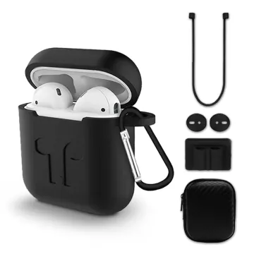 Set 6-in1 per AirPods, AirPods 2, AirPods II 'skin' di protezione con moschettone, 2 passanti di fissaggio su smartwatch, cordino per cuffie, pads per orecchie astuccio rigido con cerniera