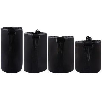 Set de 4x funda objetivos de Tela - 4 Fundas protectoras de color negro para lentes y objetivos fotográficos, Fundas objetivos universales en diversos tamaños con cierre de cordón y mosqueton de plastico