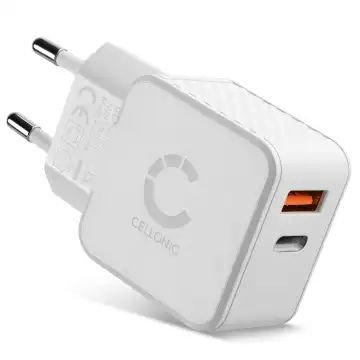 CELLONIC Tupla USB A- ja USB C-laturi 20W - Virtapistoke, lataussovitin, nopea virtalähde, älypuhelimelle tai tabletille - valkoinen