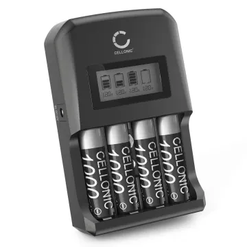 4 pilas AA 2600mAh + Cargador USB de pilas 9V, AA y AAA (NiMH) de CELLONIC® con 4 compartimentos de carga | Cargador rápido con protección anti sobrecargas y pantalla LCD para control de carga