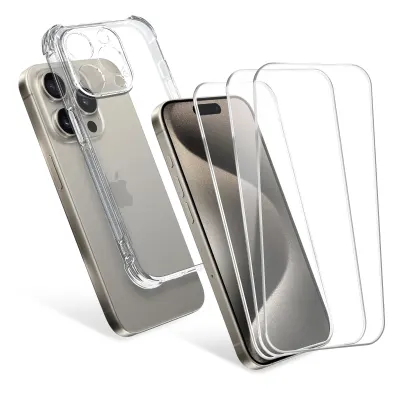 1x Guscio protettivo, cover CELLONIC per Apple iPhone 15 pro & 3x vetri di protezione screen protector (2.5D 9H 0,33mm Full Glue)