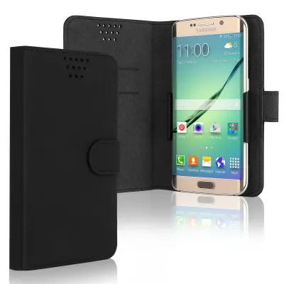 Funda de móvil para Smartphones (14.2cm x 8.3cm x 1cm), Funda libro de Cuero PU, Protector de móvil con cierre magnético y tarjetero de color negro, Shockproof Phone Case