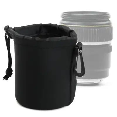 Camera Lens Pouch - 8cm x 8cm (S) Padded Drawstring Lens Case for Canon, Sony, Nikon Camera / DSLR Lenses - Waterproof Neoprene Travel Lens Protector Storage Bag - Black