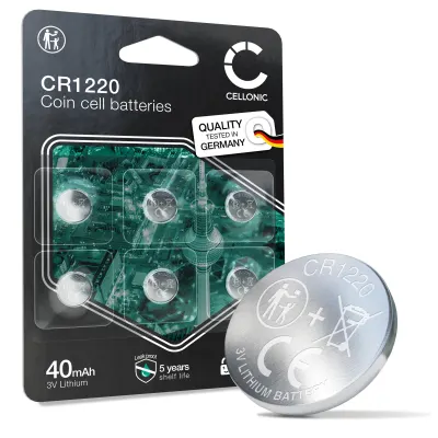 CELLONIC CR1220 Coin Cell Batteries (Lithium-Mangandioxid (Li / MnO2), 40mAh, 3V) for Watches, Calculators, Sensors - x6-Pack