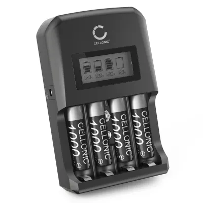 CELLONIC Batterijlader + 4x AAA 1000mAh oplaadbaar, Snellader voor 9V AA en AAA Batterijen (NiMH) met 4 Laadslots | Batterij Oplader