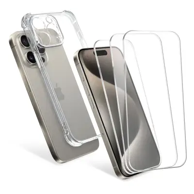 1x Guscio protettivo, cover CELLONIC per Apple iPhone 15 Pro Max & 3x vetri di protezione screen protector (2.5D 9H 0,33mm Full Glue)