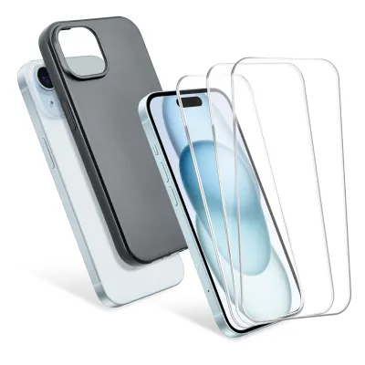 1 x suojakuoret & 3 x näytönsuojalasi Apple iPhone 15. Mustat kuoret + 6.1" panssarilasi 2.5D case-friendly, 9H karkaistu lasi, 0.33 mm, full glue
