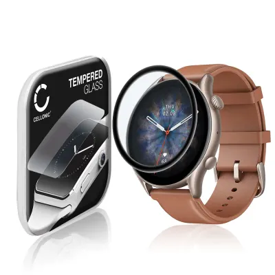 Vetrino protettivo 9H CELLONIC per Amazfit GTR 3 Pro, (3D Full Cover Screen protector 0,33mm per smartwacht, braccialetto fitness Full Glue), colore nero, pellicola salva-schermo di orologio smartwatch