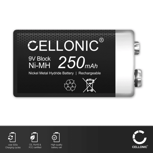Cellonic® oppladbart 9V batteri 250mAh forhåndsladet og CELLONIC Batterilader til 9V, AA og AAA Batterier (NiMH) med