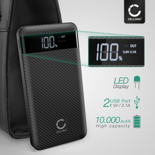CELLONIC® USB Power Bank med 10000mAh och 2 USB Ports, 5V 2A bärbar Batteri, mobil USB Laddare, USB batteripack CELLONIC® USB Power Bank med 10000mAh och 2 USB Ports, 5V 2A bärbar Batteri, mobil USB Laddare, USB batteripack