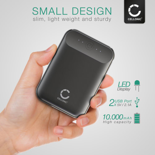 CELLONIC® USB Power Bank med 10000mAh och 2 USB Ports, 5V 2A bärbar Batteri, mobil USB Laddare, USB batteripack CELLONIC® USB Power Bank med 10000mAh och 2 USB Ports, 5V 2A bärbar Batteri, mobil USB Laddare, USB batteripack