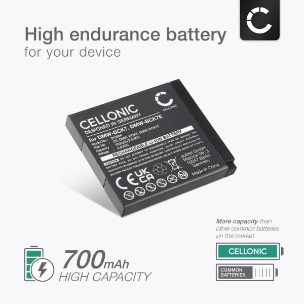 2x Akku + Laturi kameraan Panasonic Lumix S5 S1 S2 FT30 SZ1 FS16 FS35 SZ7 TS20 FS40 DMWBCK7 - DMW-BCK7 NCA-YN101H (700mAh, 3.6V) tuotemerkiltä CELLONIC