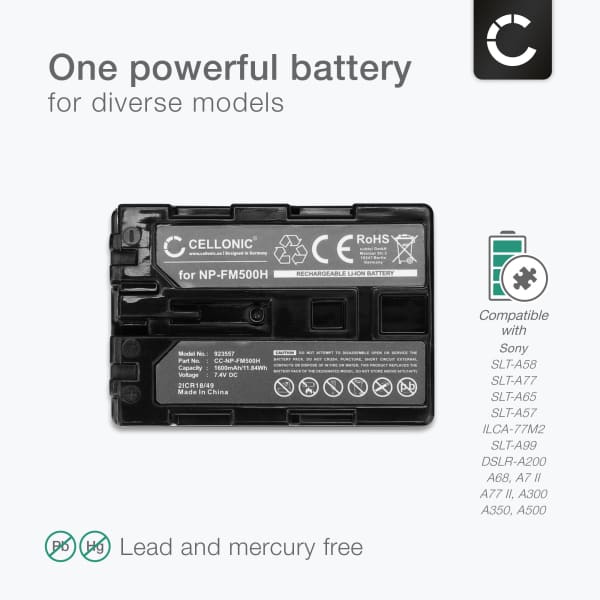 Akku kameraan Sony Alpha 77, A77, A58, A99, A300, A200, A350, A65, A700, A100, A57, A900, NP-FM500H - NP-FM500H (1600mAh, 7.4V) tuotemerkiltä CELLONIC