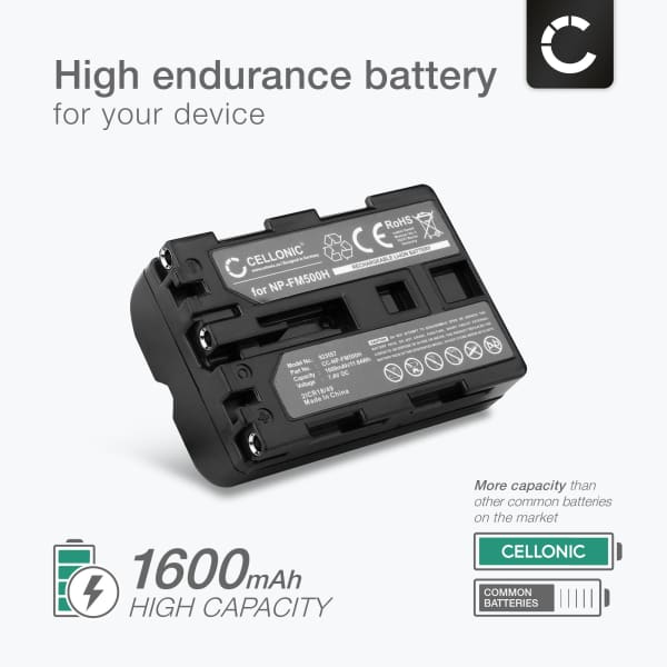 Akku kameraan Sony Alpha 77, A77, A58, A99, A300, A200, A350, A65, A700, A100, A57, A900, NP-FM500H - NP-FM500H (1600mAh, 7.4V) tuotemerkiltä CELLONIC