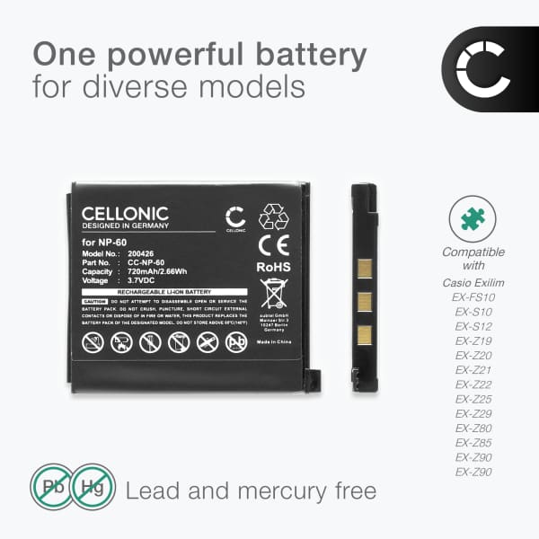 Akku kameraan Casio Exilim Z9 EX FS10 S12 Z90 Z80 S10 Z85 Z29 Z25 Z20 Z19 Z21 Z22 NP60 - NP-60 (720mAh, 3.8V) tuotemerkiltä subtel