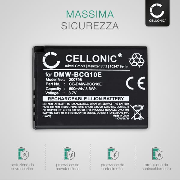 2x Batteria DMW-BCG10E per fotocamera Panasonic Lumix DMC-TZ10 TZ6 TZ7 TZ8 TZ18 TZ20 TZ22 TZ25 TZ30 TZ31 TZ35 DMC-ZX1 DMC-ZS7 ZS3 ZS8 ZS10 ZS19 ZS20 Affidabile ricambio da 890mAh, marca CELLONIC