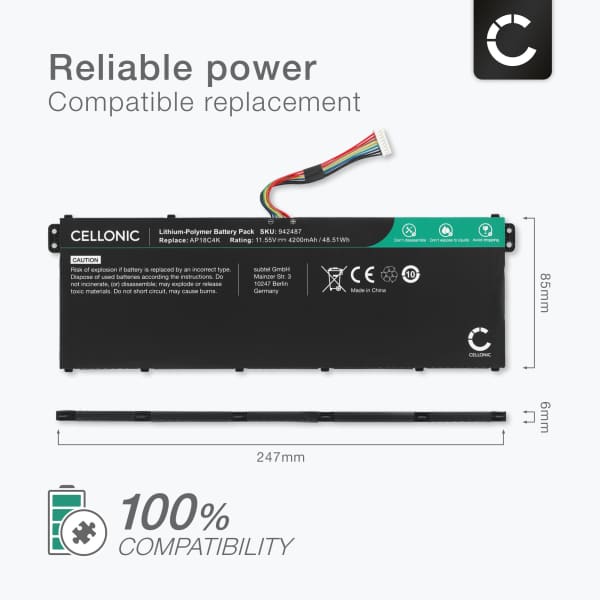 Battery for Acer Aspire 5 A515, 5 A517-52, Vero 16 AV16, Chromebook 314 C933T, 315 CB315-1H, Travelmate B1 B118-M, Swift 1 SF114-34, AP18C4K 11.55V 4200mAh from CELLONIC