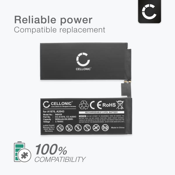 A1876, A2043 Battery for Apple iPad 12,9 (2018, 2020) - A2232,A2069,A1876,A1895 Tablet Battery Replacement - 9650mAh