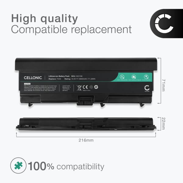 Akku tietokoneeseen Lenovo ThinkPad T430, T420, T530i, T510, T520, T410, T530, W530, W520, SL400, 0A36303 - 10.8V 6600mAh tuotemerkiltä CELLONIC